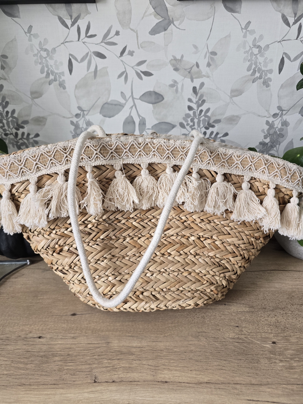 Natural Tan Woven Tote with Cream Tassel Trim